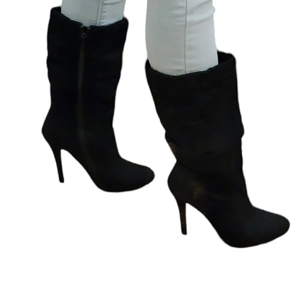 Black suede mid calf heeled booties